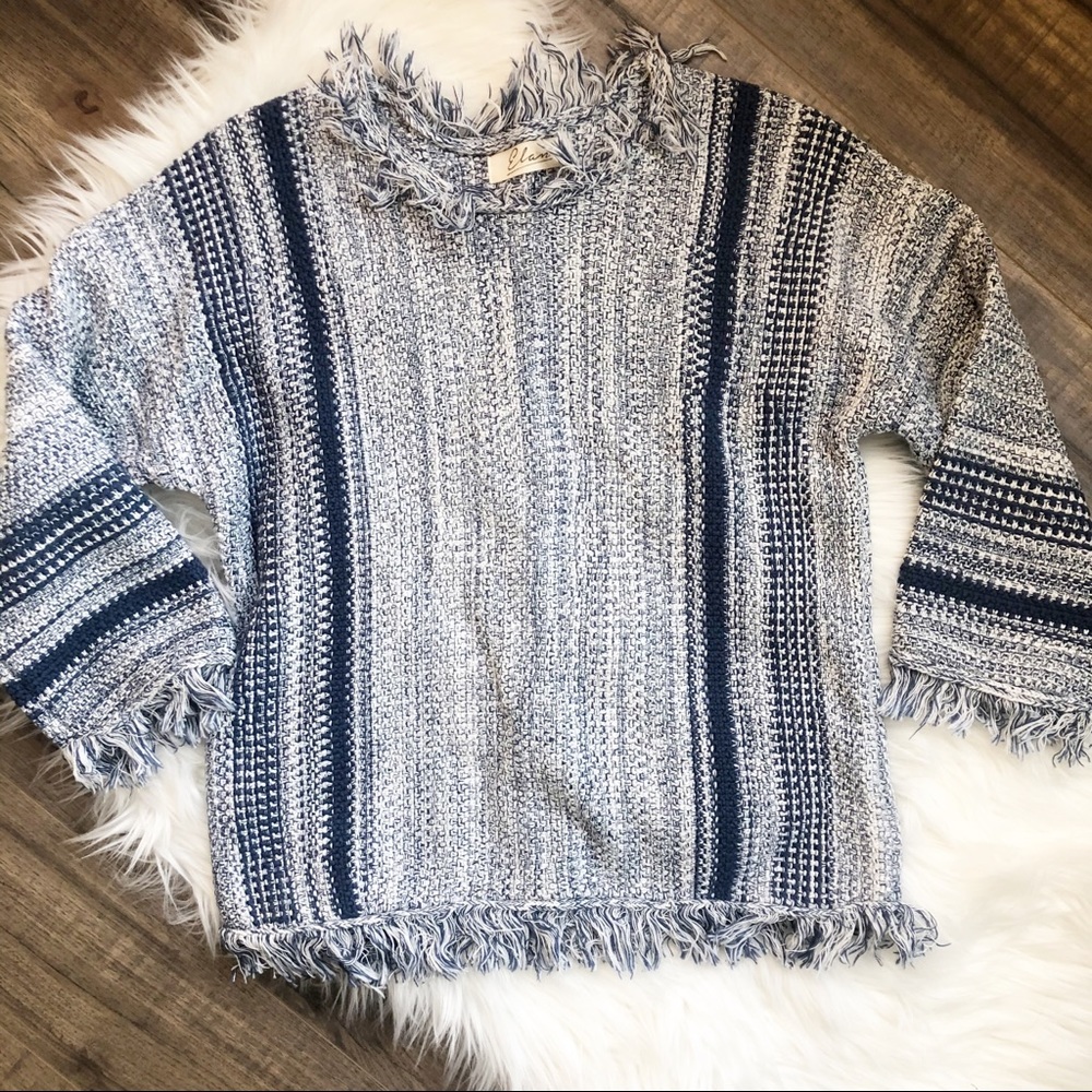 Elan Blue White Fringe Knit Sweater S